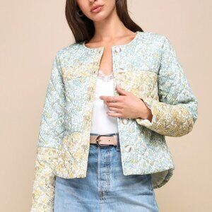 Lulus Warmest Darling Blue And Yellow Floral Print Quilted Jacket - Size XL